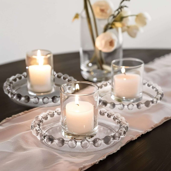 6-Pack Glass Pillar Candle Holder Plates Clear with Beaded Rims - Transparent Small Round Coaster Trays 4