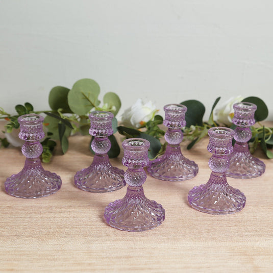 6-Pack Glass Taper Candlestick Holders Diamond Pattern Design Lavender Lilac - Reversible Crystal Pillar Votive Stands 4" Centerpieces HIER_7130