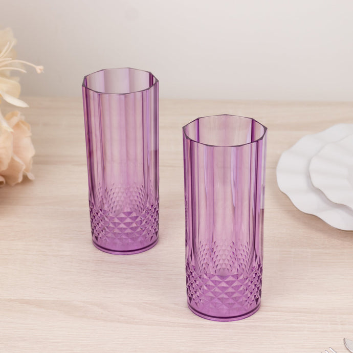 6-Pack Plastic Cocktail Tumblers Purple Transparent Crystal Cut Style - Shatterproof Highball Glasses 14oz Drinkware HIER_4300