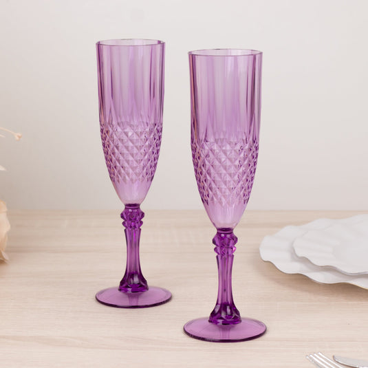 6-Pack Plastic Wedding Toast Flutes Purple Transparent Crystal Cut Style - Reusable Champagne Glasses 8oz Drinkware HIER_4300