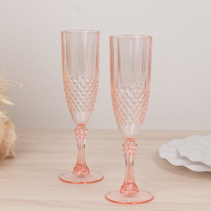 6-Pack Plastic Wedding Toast Flutes Transparent Blush Crystal Cut Style - Reusable Champagne Glasses 8oz Drinkware HIER_4300