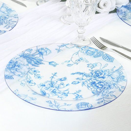 6 Pack Round Floral Acrylic Charger Plates in French Toile Pattern, 13" Clear Light Blue Dinner Charger Event Tabletop Decor Decorative Chargers HIER_4610