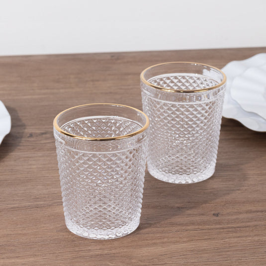 6-Pack Tumbler Glasses Clear Hobnail Design with Gold Rim - Embossed Diamond Pattern Glassware for Drinks & Parties 11oz 4