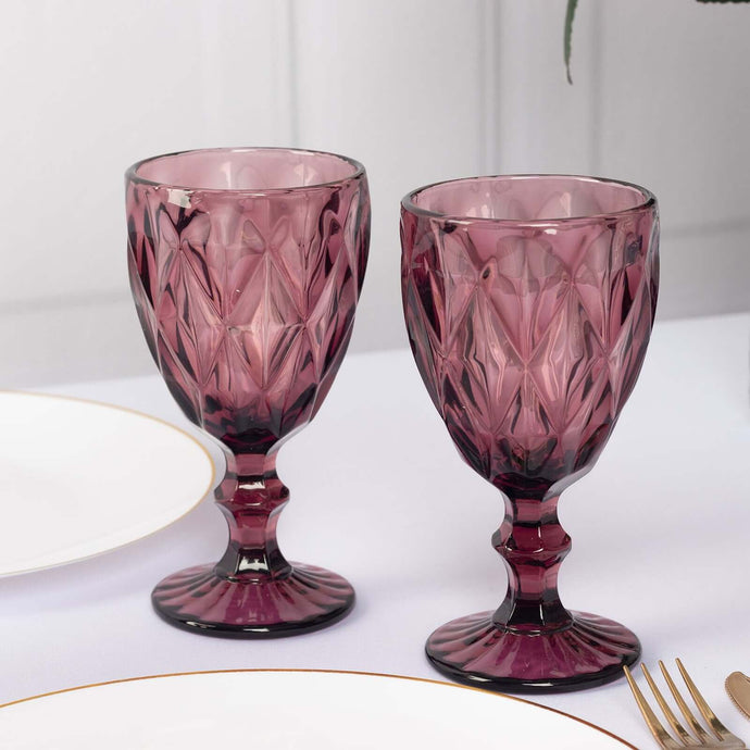 6-Pack Wine Glasses Dusty Rose Embossed Crystal Cut Design Stemmed - Colored Goblets for Parties & Events 12oz 7