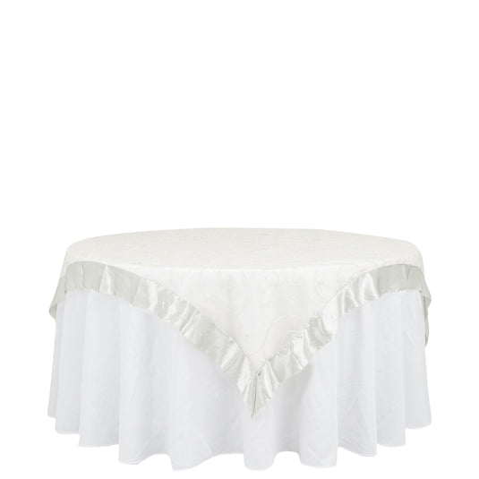 60"x60" Ivory Embroidered Sheer Organza Square Table Overlay With Satin Edge Overlays HIER_2190