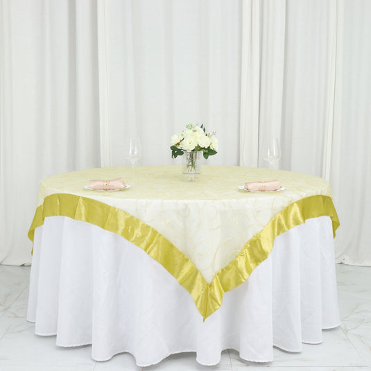 60"x60" Yellow Embroidered Sheer Organza Square Table Overlay With Satin Edge Overlays HIER_2190