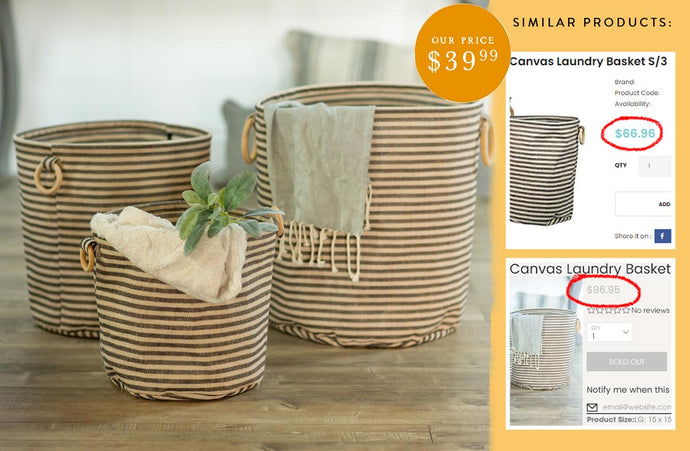 Striped Canvas Baskets with Wood Handles, Set of 3 General VIP