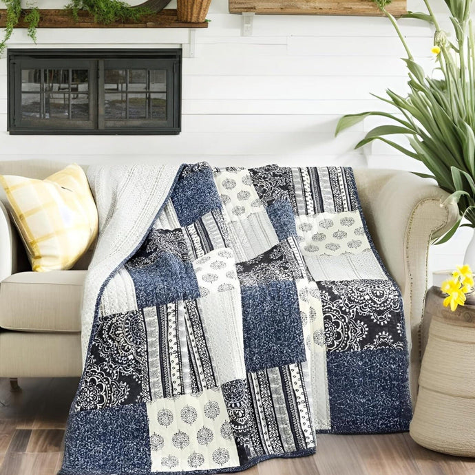 Navy Blue Patchwork Quilted Lap Throw Blanket – Farmhouse Cottage Style Cotton Throw – Ideal for Sofa or Bed – 50