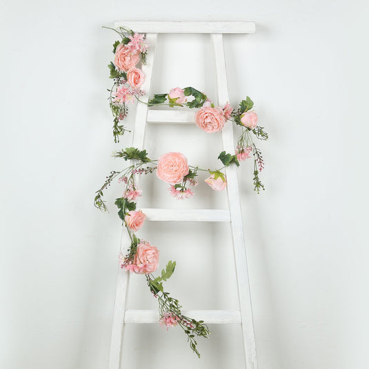 6ft Blush Silk Rose Peony Flower Garland, Mixed Floral Greenery Garland Artificial Hanging Vine Silk Flowers HIER_6120