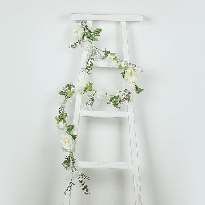 6ft White Silk Rose Peony Flower Garland, Mixed Floral Greenery Garland Artificial Hanging Vine Silk Flowers HIER_6120