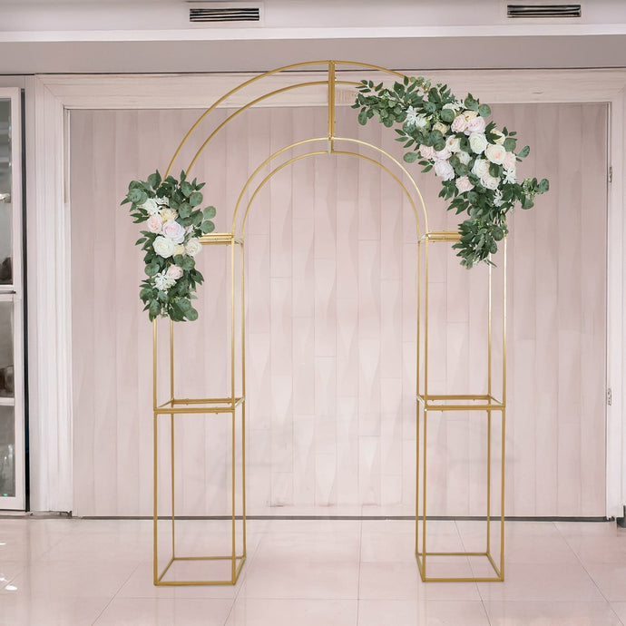 7.5ft Gold 3D Metal Wedding Arch Backdrop Stand with Round Top, Heavy-Duty Floral Balloon Frame for Elegant Parties Backdrops HIER_5100