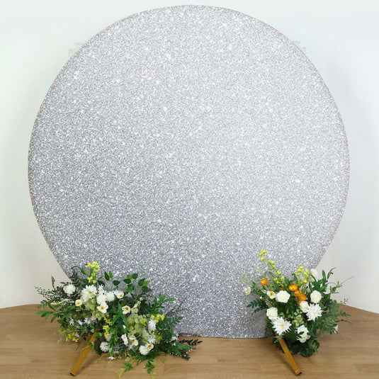 7.5ft Silver Metallic Shimmer Tinsel Spandex Round Wedding Arch Cover, 2-Sided Photo Backdrop Backdrops PROstorez Default Title