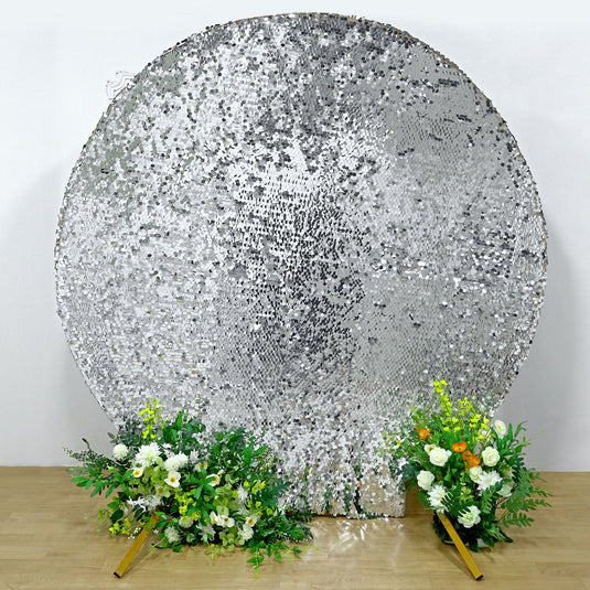 7.5ft Sparkly Silver Double Sided Big Payette Sequin Wedding Arbor Cover, Round Fitted Backdrop Arch Cover Backdrops HIER_5200