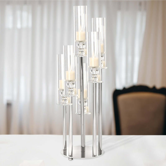 7-Arm Round Taper Crystal Candelabra with Mirror Base Clear - Lustrous Candle Holder Table Centerpiece for Votive & Pillar Candles 33" Centerpieces PROstorez Default Title