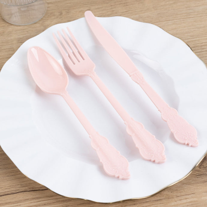 72 Pcs Plastic Silverware Set in Baroque Style Blush - Heavy Duty Disposable Knife, Fork, and Spoon Set Disposables HIER_4220