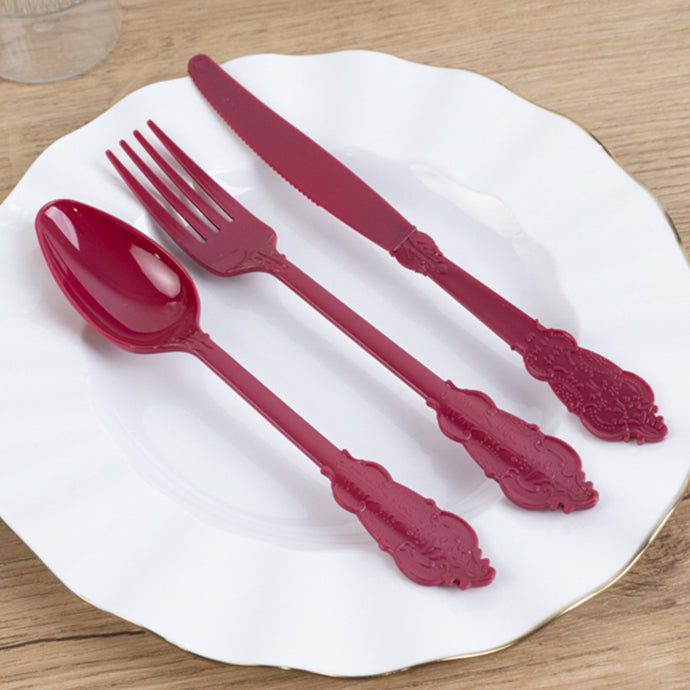 72 Pcs Plastic Silverware Set in Baroque Style Burgundy - Heavy Duty Disposable Knife, Fork, and Spoon Set Disposables HIER_4220