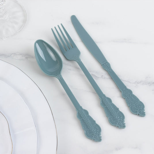 72 Pcs Plastic Silverware Set in Baroque Style Dusty Blue - Heavy Duty Disposable Knife, Fork, and Spoon Set Disposables HIER_4220