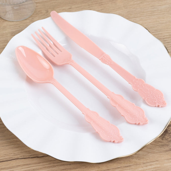 72 Pcs Plastic Silverware Set in Baroque Style Dusty Rose - Heavy Duty Disposable Knife, Fork, and Spoon Set Disposables HIER_4220