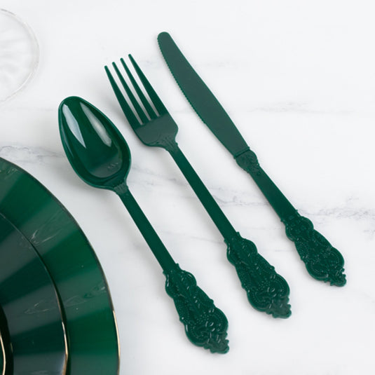 72 Pcs Plastic Silverware Set in Baroque Style Hunter Emerald Green - Heavy Duty Disposable Knife, Fork, and Spoon Set Disposables HIER_4220