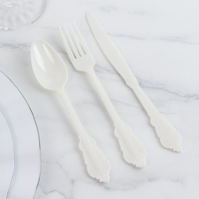 72 Pcs Plastic Silverware Set in Baroque Style Ivory - Heavy Duty Disposable Knife, Fork, and Spoon Set Disposables HIER_4220