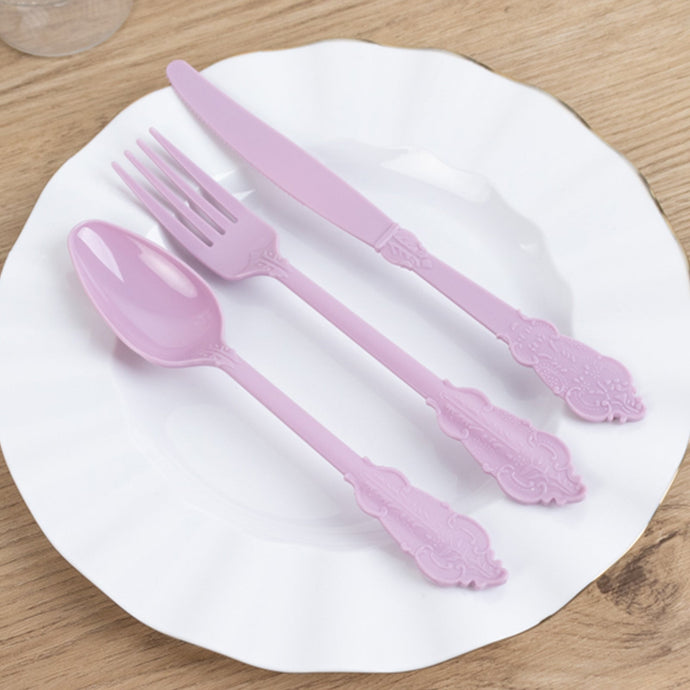 72 Pcs Plastic Silverware Set in Baroque Style Lavender Lilac - Heavy Duty Disposable Knife, Fork, and Spoon Set Disposables HIER_4220