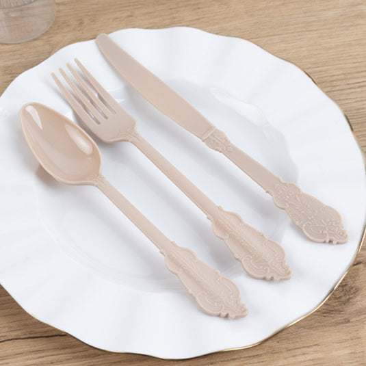 72 Pcs Plastic Silverware Set in Baroque Style Taupe - Heavy Duty Disposable Knife, Fork, and Spoon Set Disposables HIER_4220