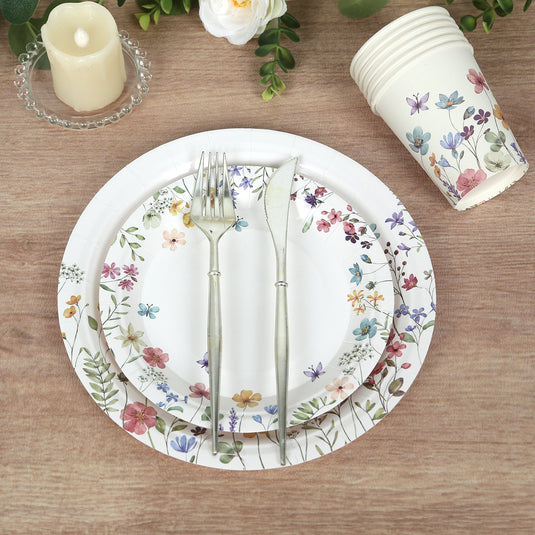 72 Pcs Paper Plates and Cups Set in White with Wildflower Butterfly Print - Disposable Party Supplies for Spring & Garden Themes Disposables HIER_4130