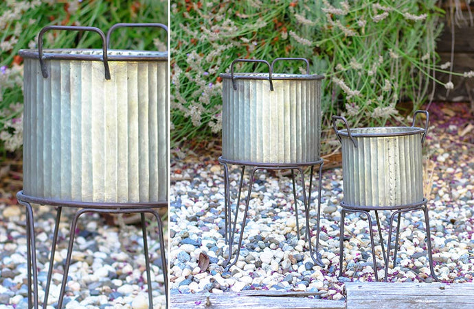 Galvanized Ribbed Standing Planters, Set of 2 General VIP