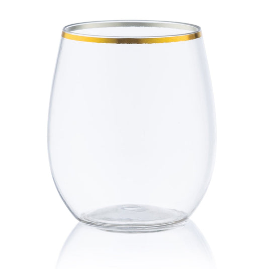 Gold Rim Stemless Plastic Wine Glasses Goblet 12 oz Wine Goblets Decorline