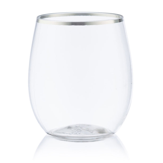 Silver Rim Stemless Plastic Wine Glasses Goblet 12 oz Wine Goblets Decorline