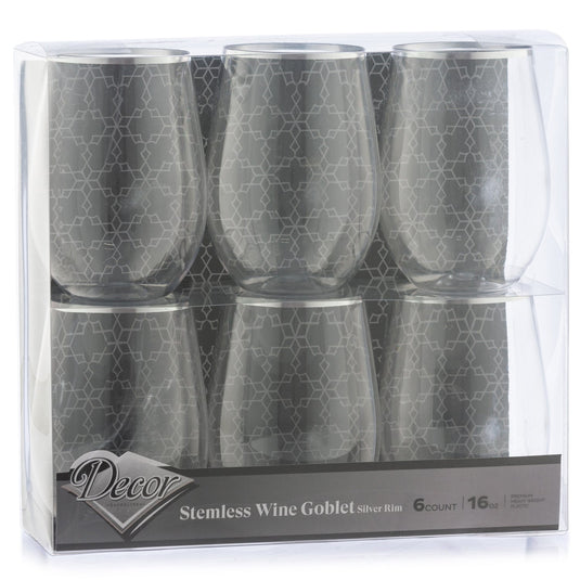 Silver Rim Stemless Plastic Wine Glasses Goblet 16 oz Wine Goblets Decorline