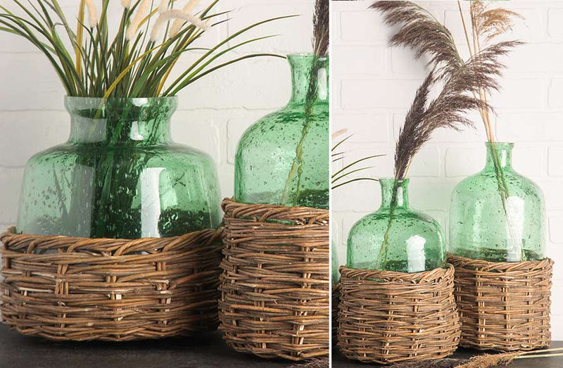 Load image into Gallery viewer, Green Tinted Glass Bottle with Removable Rattan Basket, Pick Your Size General HE
