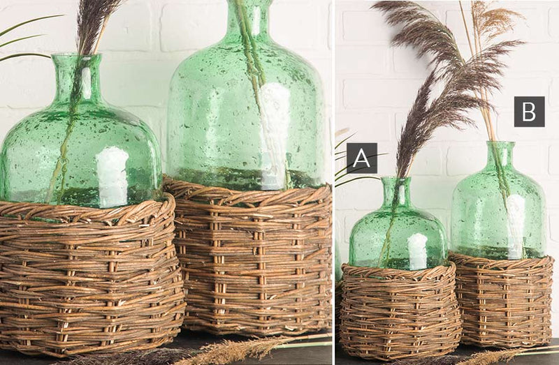 Load image into Gallery viewer, Green Tinted Glass Bottle with Removable Rattan Basket, Pick Your Size General HE
