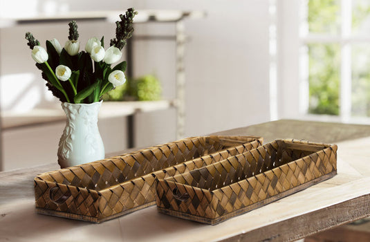 Woven Rectangular Tray Baskets with Leather Handles, Set of 2 General MEL