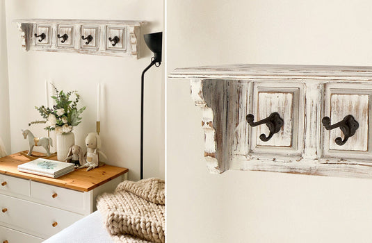 Distressed Whitewashed Wooden Shelf With Hooks General UMA