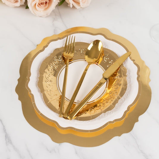 75 Pcs Paper Charger Plates with Gold Embossed Scalloped Rim White - Heavy Duty Disposable Dinner and Salad Plates 8",10",13" Disposables HIER_4130