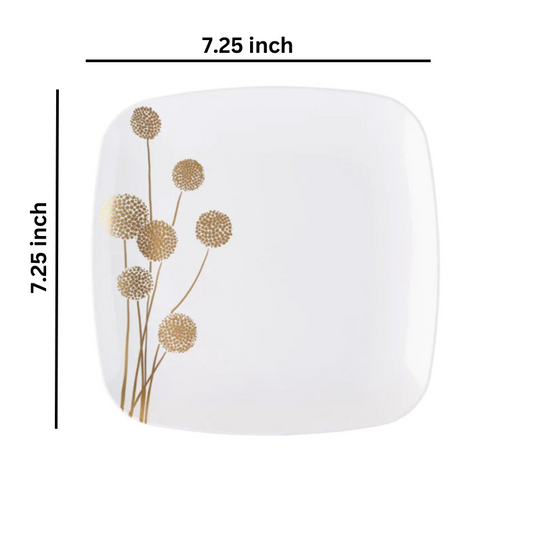 Plastic Dandelion Square Plates 7.25″ Fancy Disposable Appetizer Plate White/Gold. Tablesettings Blue Sky