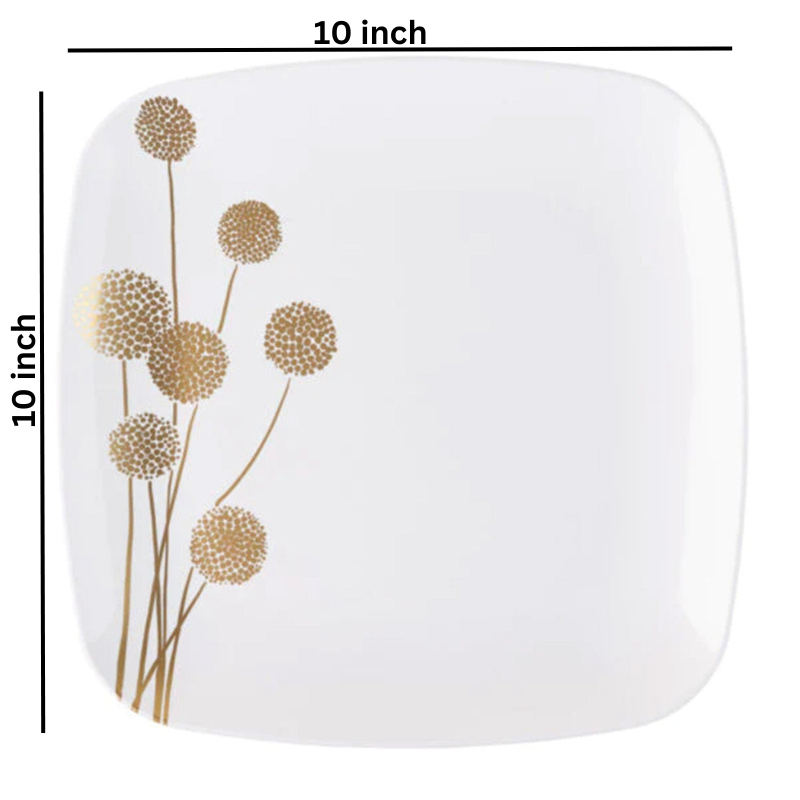 Load image into Gallery viewer, Plastic Dandelion Square Plates 10″ Fancy Disposable Dinner Plate White/Gold. Tablesettings Blue Sky
