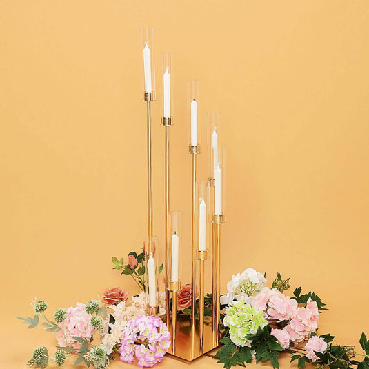 8 Arm Cluster Taper Candle Holder Gold - Stunning Large Candle Arragement With Clear Glass Shades for Grand Banquets & Celebrations 42