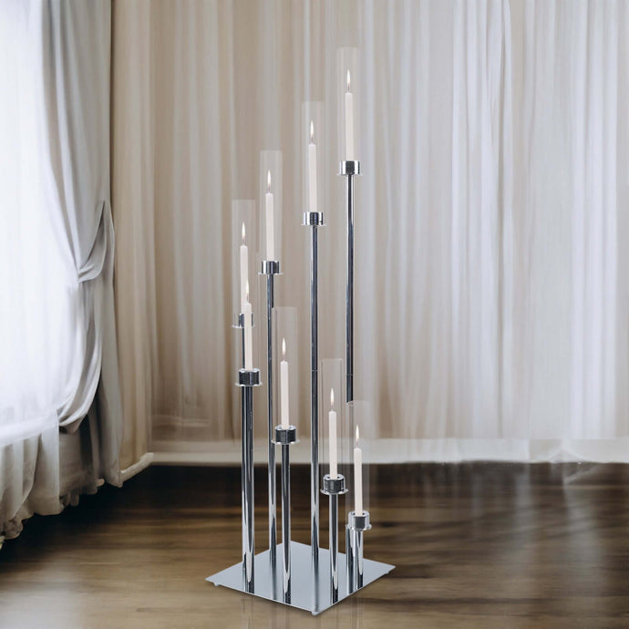 8 Arm Cluster Taper Candle Holder Silver - Stunning Large Candle Arragement With Clear Glass Shades for Grand Banquets & Celebrations 42