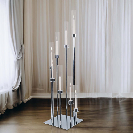 8 Arm Cluster Taper Candle Holder Silver - Stunning Large Candle Arragement With Clear Glass Shades for Grand Banquets & Celebrations 42" Centerpieces PROstorez Default Title