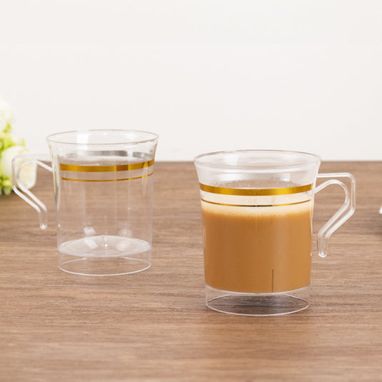 8-Pack Plastic Coffee Mugs Clear with Gold Stripes - Sturdy Disposable Cups for Coffee and Tea 8oz 3.5" Disposables HIER_4300