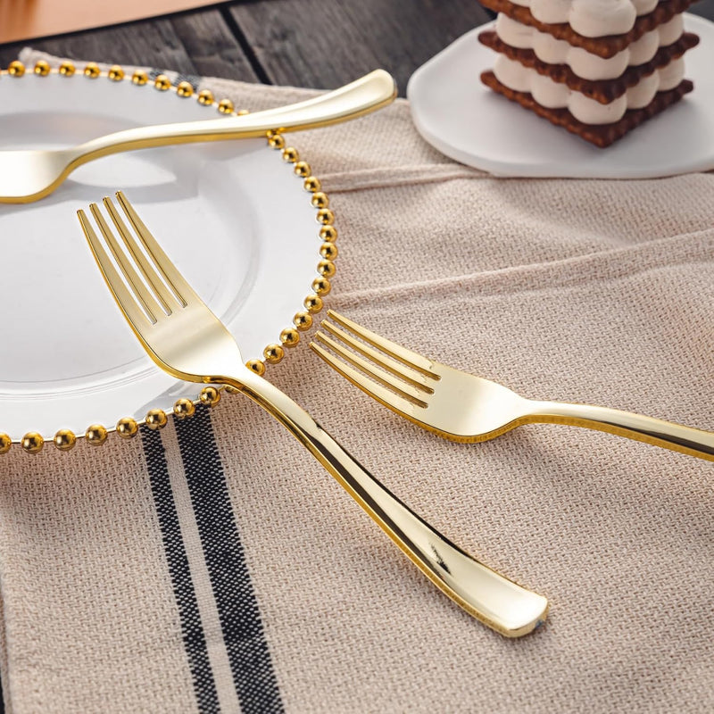 Load image into Gallery viewer, Cutlery Silverware Extra Heavyweight Disposable Flatware Forks Gold Tablesettings Lillian
