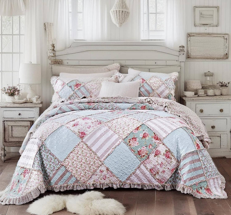 Load image into Gallery viewer, Hint of Mint Floral Pastel Cotton Patchwork Ruffle Bedspread Set Shop DaDalogy Bedding Collection
