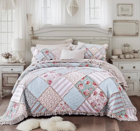 Hint of Mint Floral Pastel Cotton Patchwork Ruffle Bedspread Set Shop DaDalogy Bedding Collection