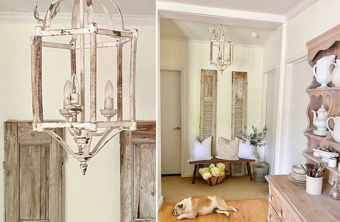 Chippy White Metal and Wood Chandelier General UMA