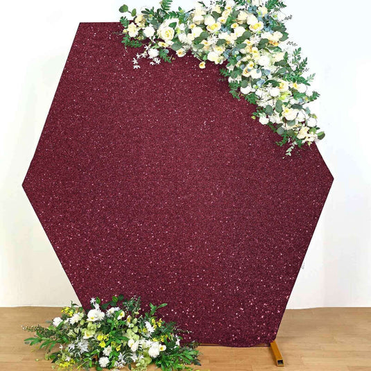 8ftx7ft Burgundy Metallic Shimmer Tinsel Spandex Hexagon Wedding Arbor Cover, 2-Sided Backdrop Backdrops PROstorez Default Title