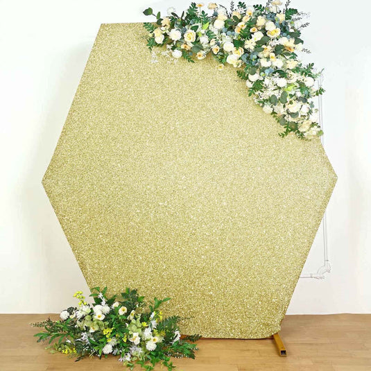 8ftx7ft Champagne Metallic Shimmer Tinsel Spandex Hexagon Wedding Arbor Cover, 2-Sided Backdrop Backdrops PROstorez Default Title