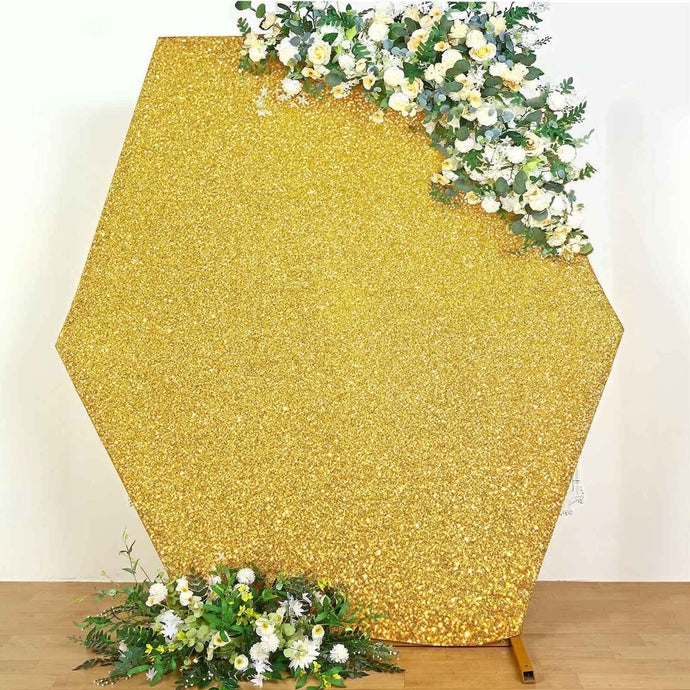 8ftx7ft Gold Metallic Shimmer Tinsel Spandex Hexagon Wedding Arbor Cover, 2-Sided Backdrop Backdrops PROstorez Default Title