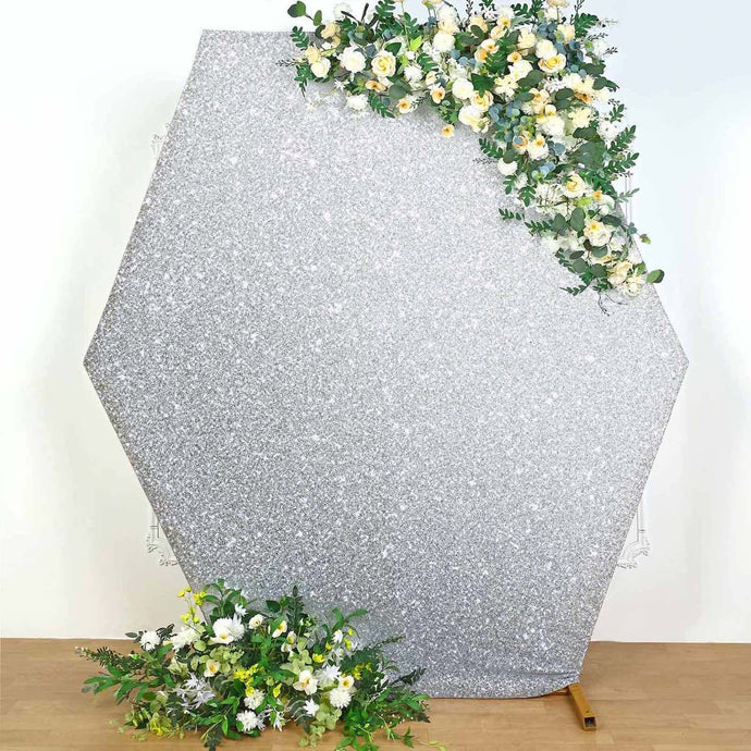 8ftx7ft Silver Metallic Shimmer Tinsel Spandex Hexagon Wedding Arbor Cover, 2-Sided Backdrop Backdrops PROstorez Default Title